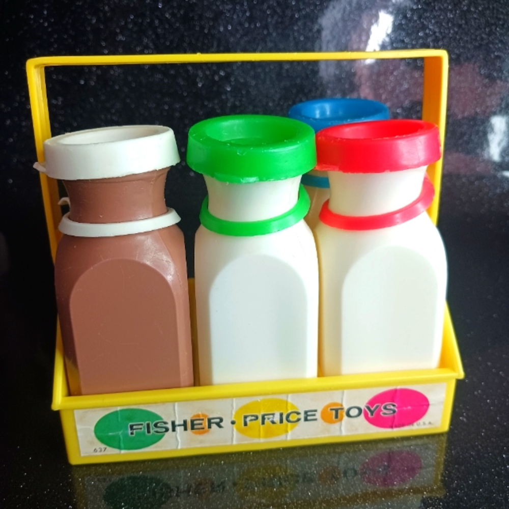 Vintage Fisher-Price 4 Milk Bottles with Caps & Carrier.